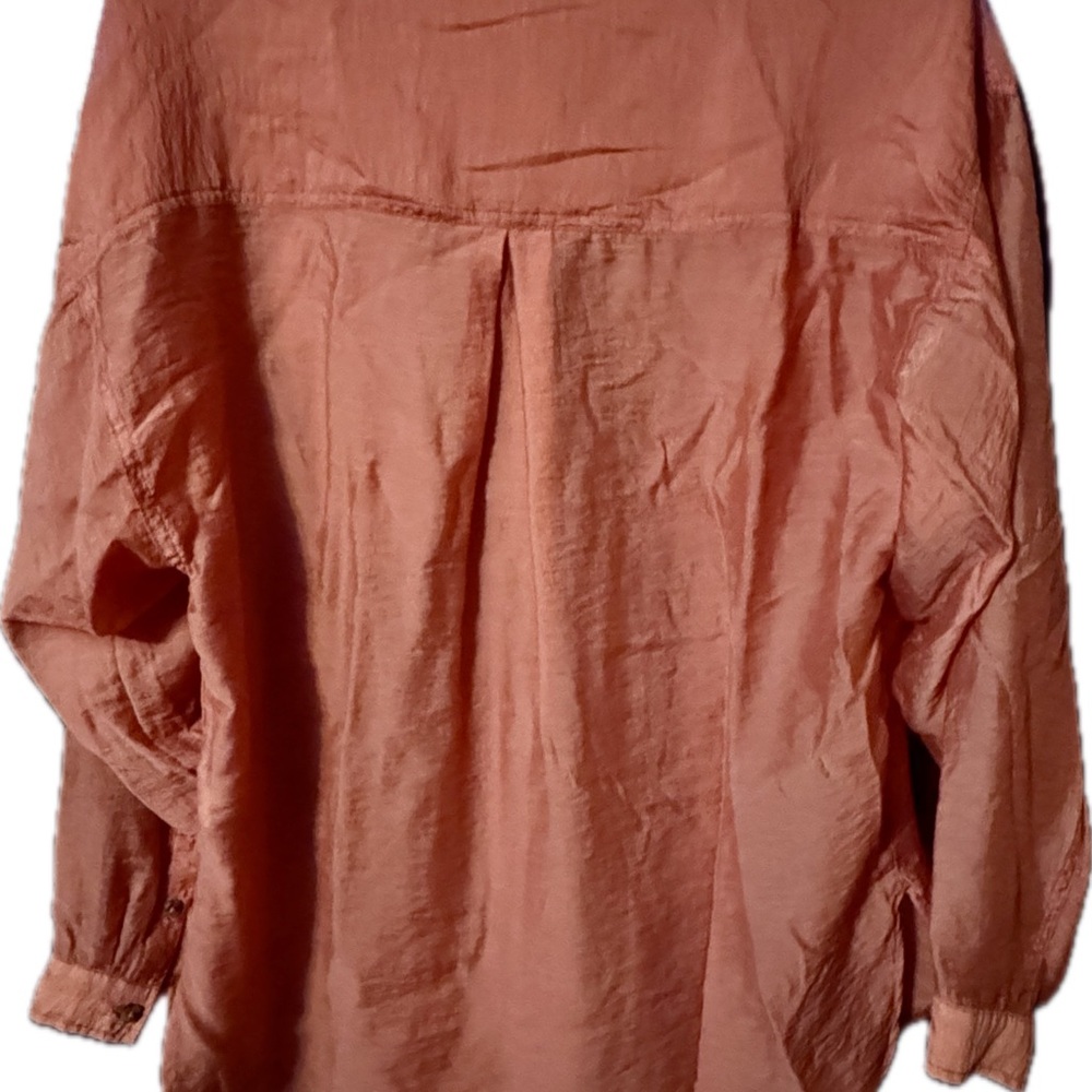 Anthropologie Sz L Coral Pink Relaxed Glossy Classic Oversized Button Blouse - Picture 4 of 8